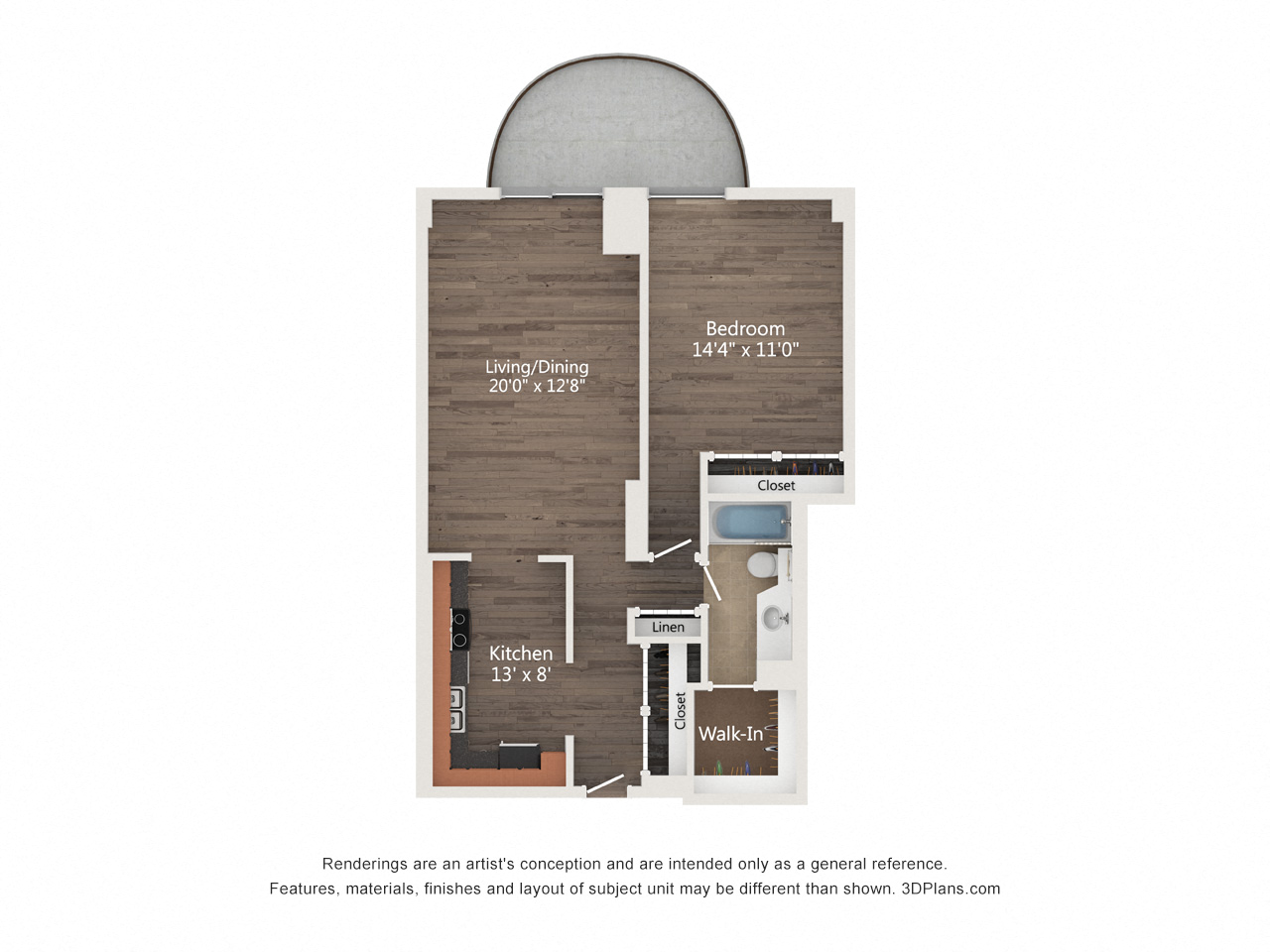 Floor plan for 1 bed, 1 bath, 740 sqft